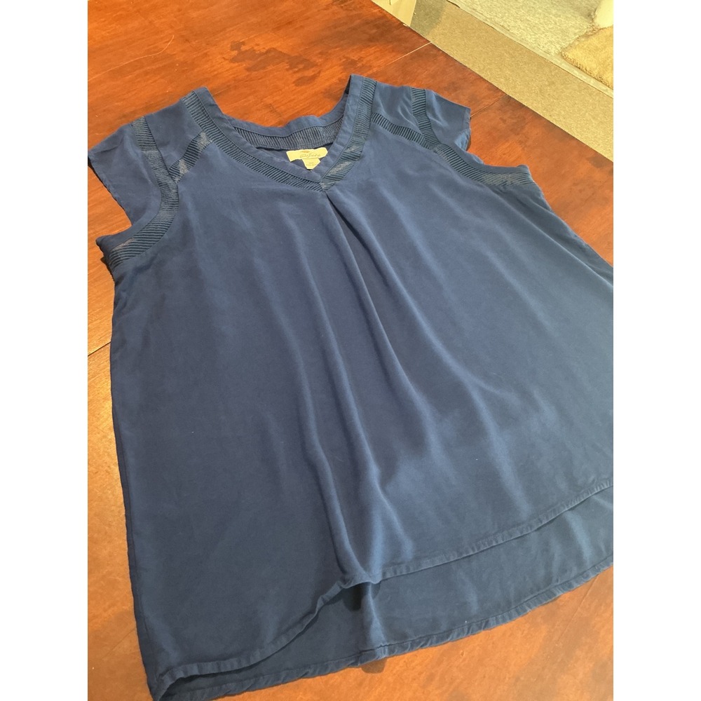 Bob Timberlake Womens XXL Blue V-Neck Short Sleeve Blouse Ribbed Trim Top
